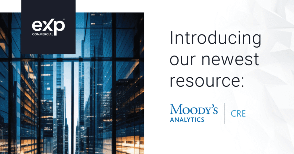 eXp Commercial logo with Moody’s Analytics CRE background, Graph showcasing CRE market trends analysis by Moody’s Analytics, Map indicating commercial location scores by Moody’s Analytics CRE, Dashboard view of Moody’s Analytics CRE platform for commercial real estate