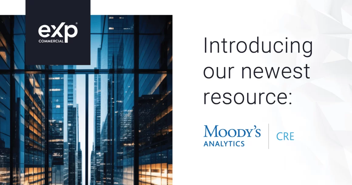 eXp Commercial logo with Moody’s Analytics CRE background, Graph showcasing CRE market trends analysis by Moody’s Analytics, Map indicating commercial location scores by Moody’s Analytics CRE, Dashboard view of Moody’s Analytics CRE platform for commercial real estate