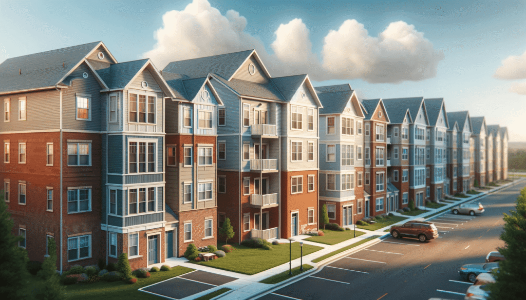 DALL·E 2024 01 04 18.39.38 A realistic photo of small B and C class apartment buildings in a suburban Midwest neighborhood reflecting a smaller scale community. Each building i - Will 2024 see more apartment deals?