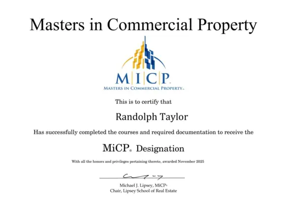 Randolph Taylor Masters in Commercial Property MiCP designation certificate from Lipsey School of Real Estate