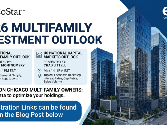 A full-size LinkedIn optimized graphic banner for the 2026 Multifamily Investment Outlook, co-presented by CoStar and eXp Commercial. Features Chicago multifamily buildings, webinar details for May 13 & 14, a QR code, and contact info for a Chicago Market Expert broker.