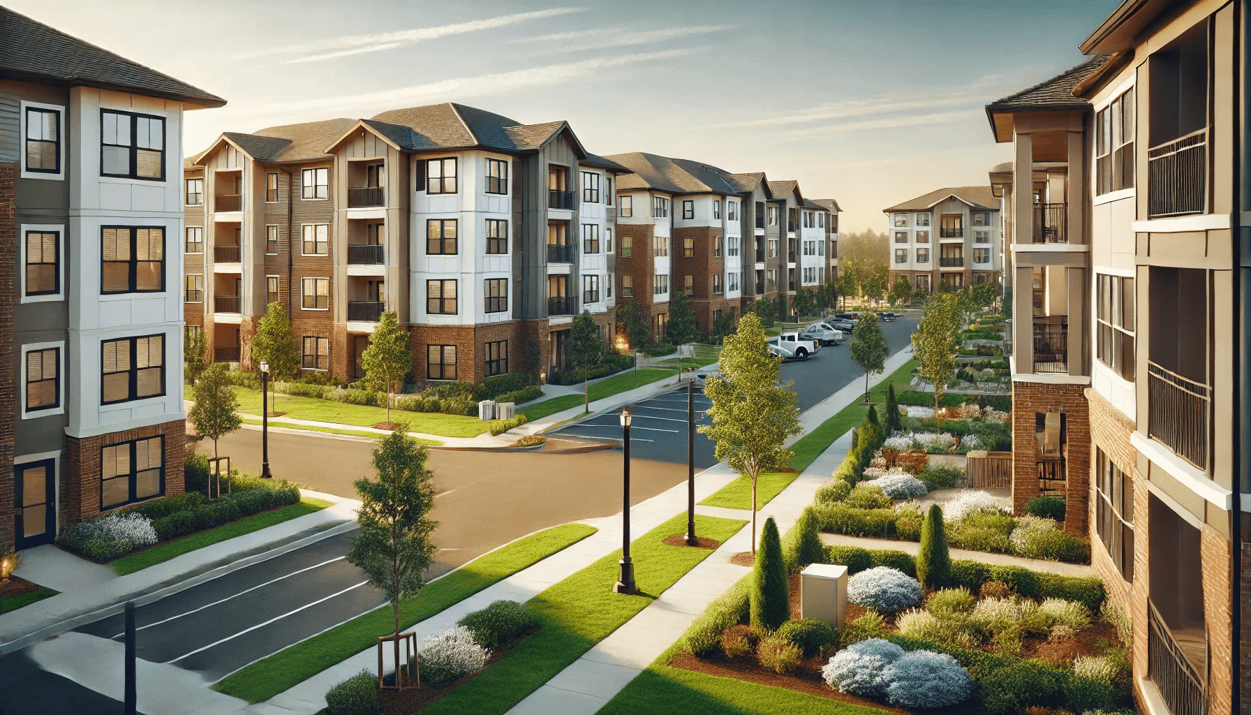 Multifamily apartment complex in the Chicago metro market with well-maintained landscaping.