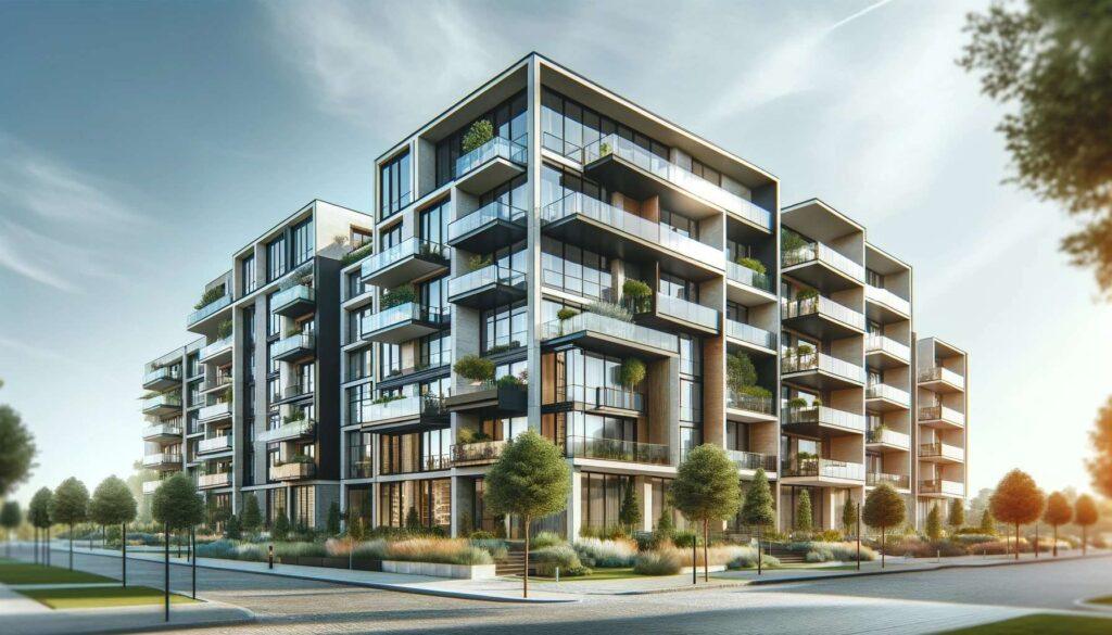 Multifamily apartment complex with modern amenities and lush landscaping.