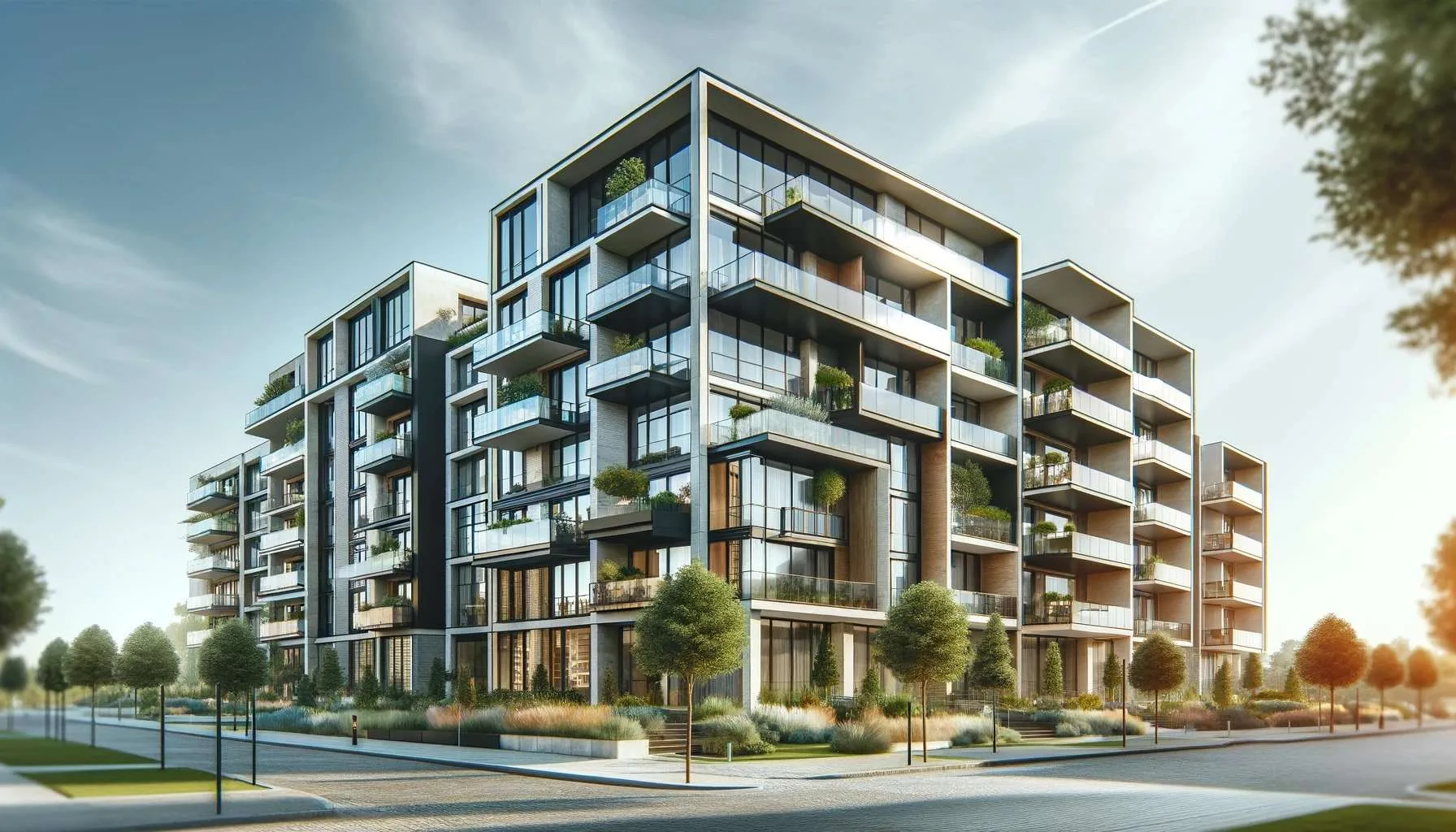 Multifamily apartment complex with modern amenities and lush landscaping.