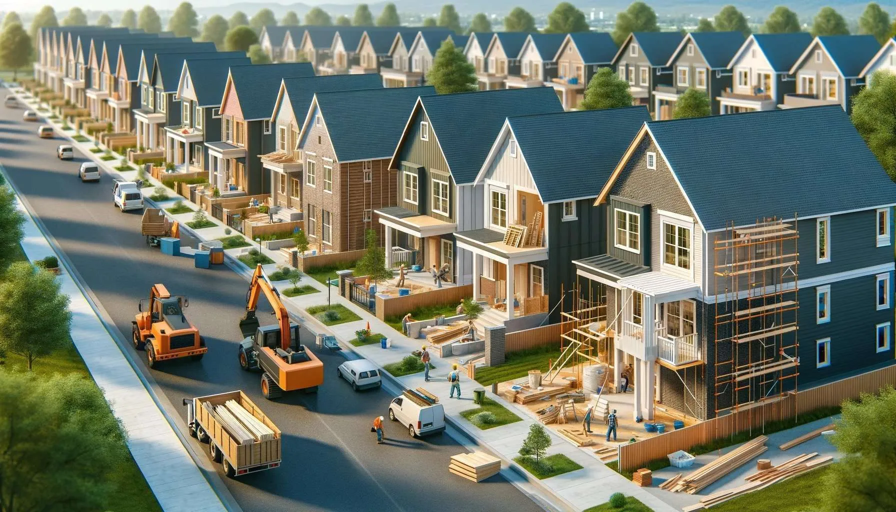 New build-to-rent single-family homes under construction in a suburban neighborhood