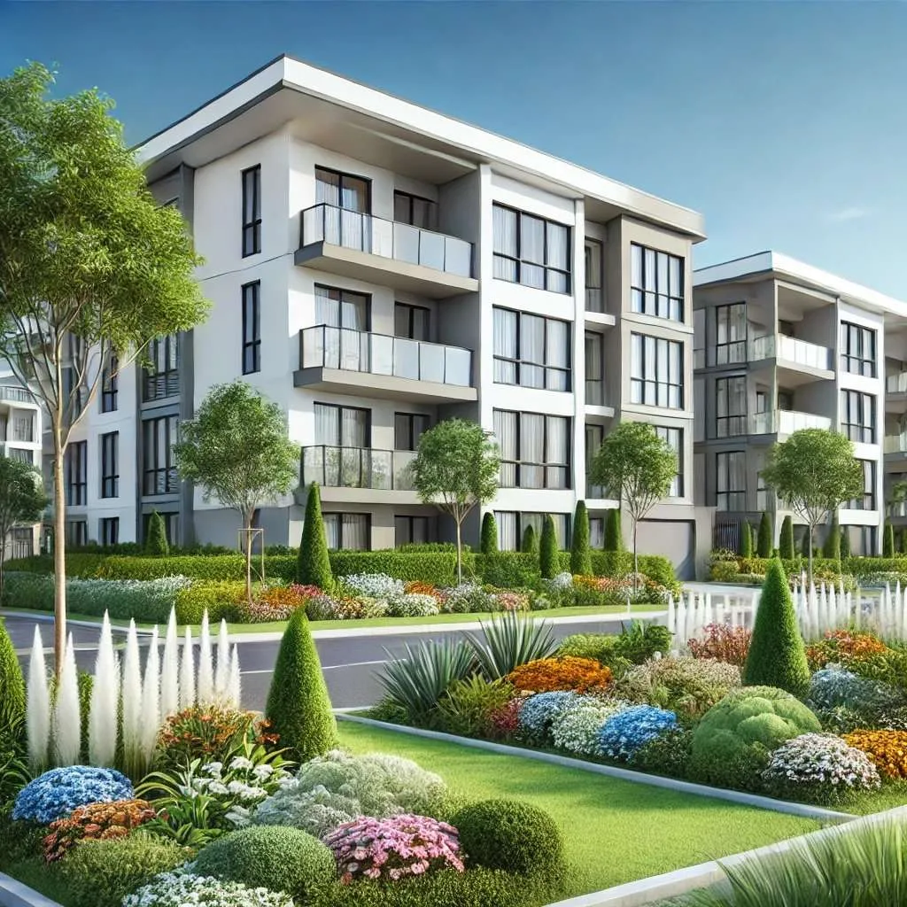Modern multifamily property with lush landscaping, representing optimized real estate value.
