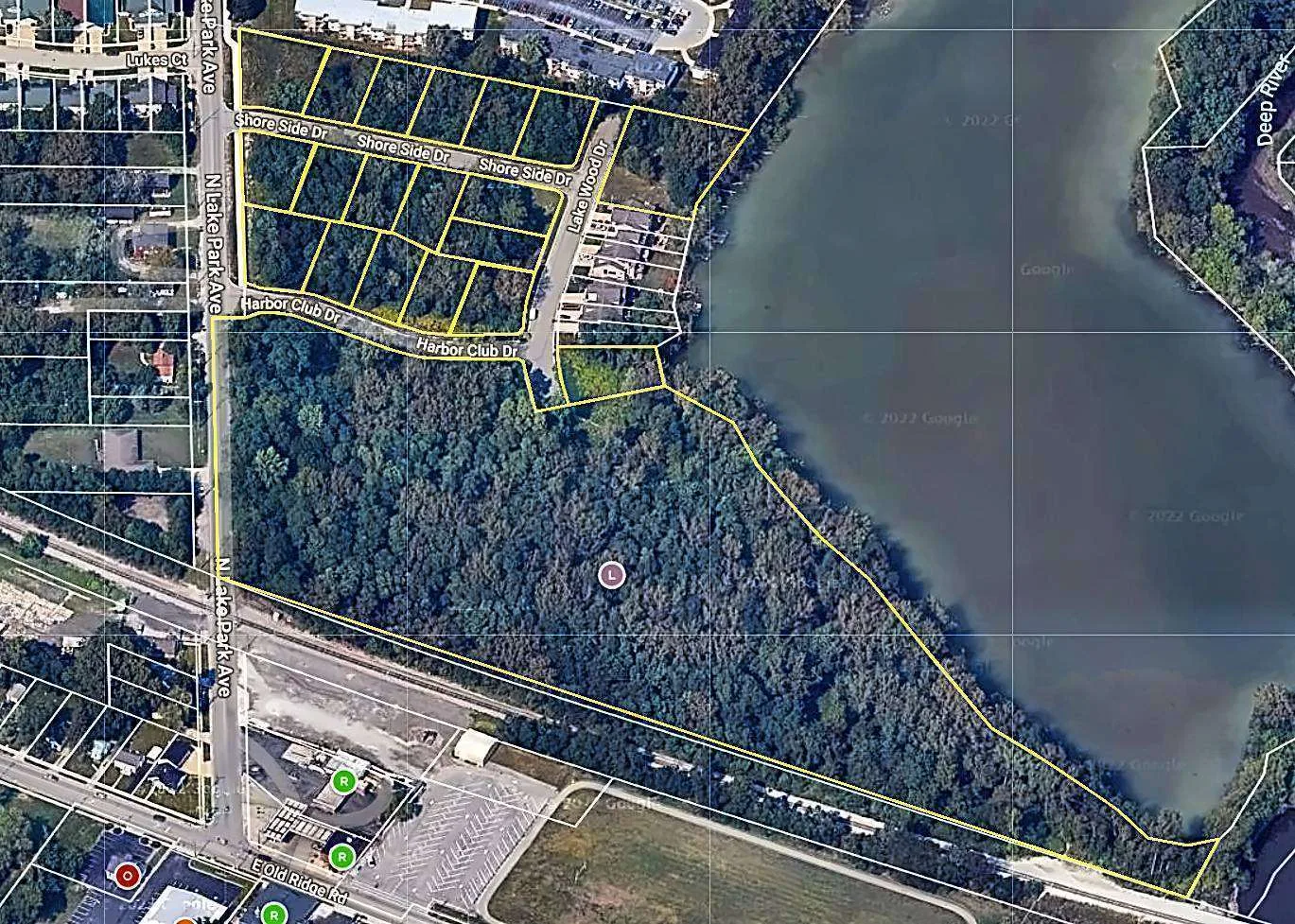 Aerial view of development land in Northwest Hobart, Indiana with lakefront lots